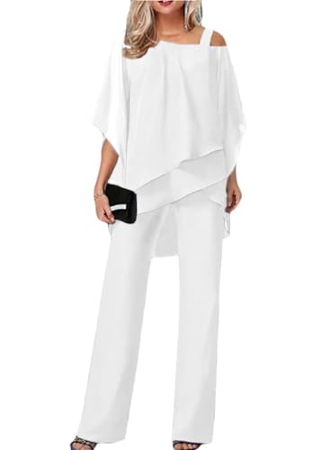 Shownicer Damen Tüll Abendanzug Set - Zweiteiler Chiffon Shirt Und Hohe Taille Hosenanzug Elegant Vintage 2-Teiliges Outfit für Cocktail Party Festlich B1 Weiß XL Shownicer Damen Tüll Abendanzug Set - Zweiteiler Chiffon Shirt Und Hohe Taille Hosenanzug Elegant Vintage 2-Teiliges Outfit für Cocktail Party Festlich B1 Weiß XL von shownicer