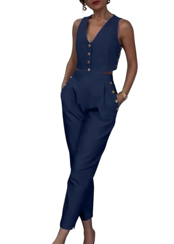 shownicer Hosenanzug Damen Zweiteiler Anzug Set Elegant V-Ausschnitt Knopfleiste Ärmellos Weste und Hose 2 Teiler Casual Outfit Sets Festlich Streetwear A Dunkelblau XS von shownicer