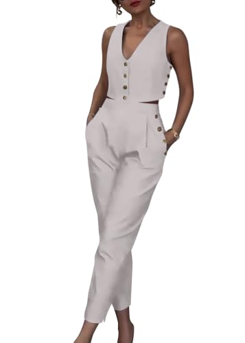 shownicer Hosenanzug Damen Zweiteiler Anzug Set Elegant V-Ausschnitt Knopfleiste Ärmellos Weste und Hose 2 Teiler Casual Outfit Sets Festlich Streetwear A Weiß XS von shownicer