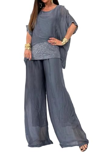 shownicer Hosenanzug Damen Zweiteiler Chiffon Shirt Und Hohe Taille Hosenanzug Elegant Vintage 2-Teiliges Cocktail Festlich Hosenanzug Set Outfit A Grau XXL von shownicer