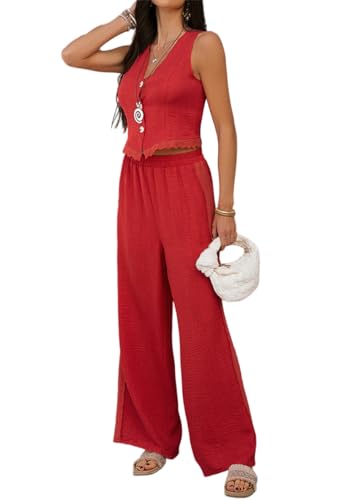 shownicer Hosenanzug Damen Zweiteiler Elegant 2 Teiler Ärmellos Blazer Weste und Hose Outfit Zweiteiliger Frauen Lounge Sets mit Knöpfen Business Anzug Set Sommer Streetwear B Rot M von shownicer