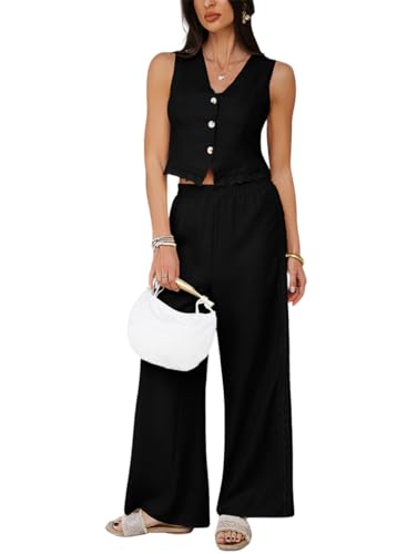 shownicer Hosenanzug Damen Zweiteiler Elegant 2 Teiler Ärmellos Blazer Weste und Hose Outfit Zweiteiliger Frauen Lounge Sets mit Knöpfen Business Anzug Set Sommer Streetwear B Schwarz S von shownicer