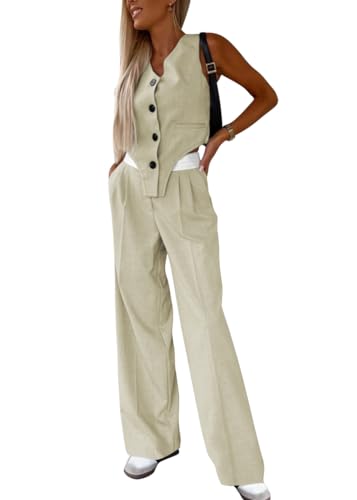 shownicer Hosenanzug Damen Zweiteiliger Anzug Elegant V-Ausschnitt Ärmellos Weste und Hose 2 Stück Casual Outfit Sets Streetwear A Aprikose XS von shownicer