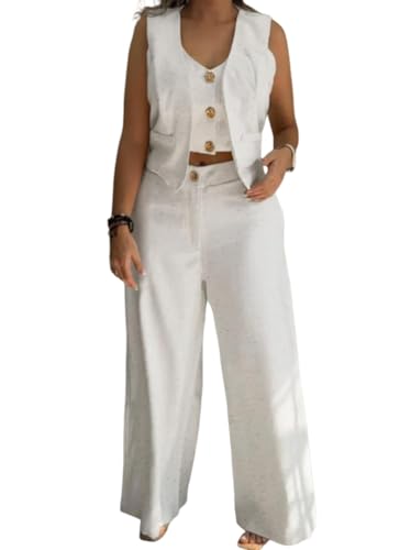 shownicer Hosenanzug Damen Zweiteiliger Anzug Set Casual 2 Stück Revers Büro Elegant V-Ausschnitt Ärmellos Blazer Weste und Hose Festlich Outfit Sets Festlich Streetwear A Weiß L von shownicer