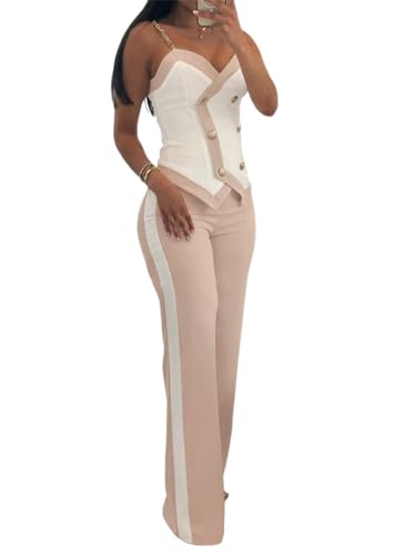 shownicer Hosenanzug Damen Zweiteiliger Anzug Set Elegant V-Ausschnitt Ärmellos Blazer Weste und Hose 2 Stück Casual Streetwear A Khaki M von shownicer