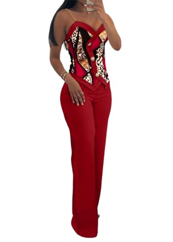 shownicer Hosenanzug Damen Zweiteiliger Anzug Set Elegant V-Ausschnitt Ärmellos Blazer Weste und Hose 2 Stück Casual Streetwear B Rot M von shownicer