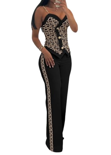 shownicer Hosenanzug Damen Zweiteiliger Anzug Set Elegant V-Ausschnitt Ärmellos Blazer Weste und Hose 2 Stück Casual Streetwear C Schwarz S von shownicer