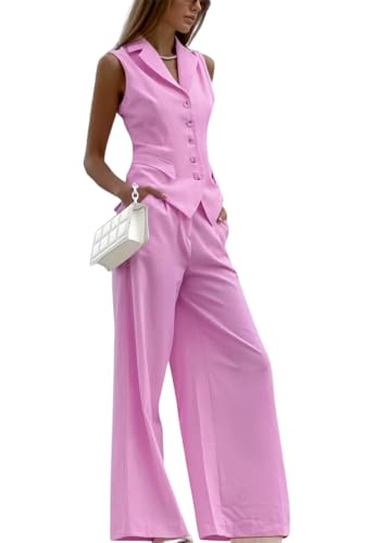 shownicer Hosenanzug Damen Zweiteiliger Anzug Set Revers Büro Elegant V-Ausschnitt Ärmellos Blazer Weste und Hose 2 Stück Casual Outfit Sets Festlich Streetwear A Rosa M von shownicer