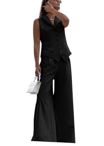 shownicer Hosenanzug Damen Zweiteiliger Anzug Set Revers Büro V-Ausschnitt Ärmellos Blazer Weste und Hose 2 Stück Outfit Sets Festlich Streetwear A Schwarz M von shownicer