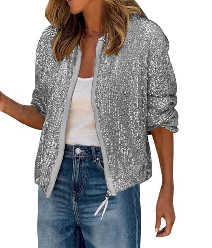 shownicer Jacke Damen Pailletten Langarm Mantel Elegant Glitzer Bomberjacke Bikerjacke Übergangsjacke Herbst Frühling Leicht Jacke A Grau XL von shownicer