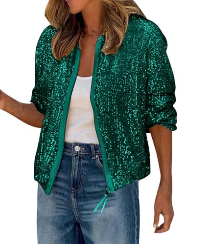 shownicer Jacke Damen Pailletten Langarm Mantel Elegant Glitzer Bomberjacke Bikerjacke Übergangsjacke Herbst Frühling Leicht Jacke A Grün XL von shownicer