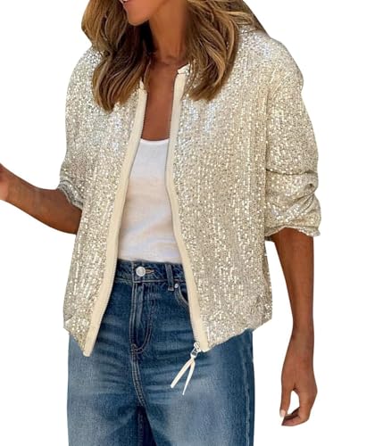 shownicer Jacke Damen Pailletten Reißverschluss Langarm Jacken Frühling Herbst Jacke Outwear mit Taschen Casual Bomberjacke Übergangsjacke A Aprikose XXL von shownicer