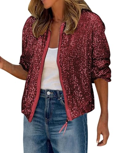 shownicer Jacke Damen Pailletten Reißverschluss Langarm Jacken Frühling Herbst Jacke Outwear mit Taschen Casual Bomberjacke Übergangsjacke A Rot M von shownicer