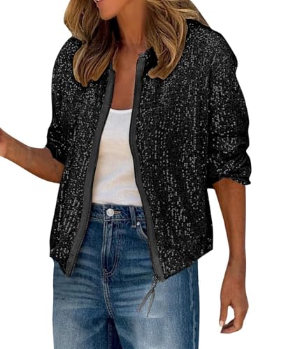shownicer Jacke Damen Pailletten Reißverschluss Langarm Jacken Frühling Herbst Jacke Outwear mit Taschen Casual Bomberjacke Übergangsjacke A Schwarz XXL von shownicer