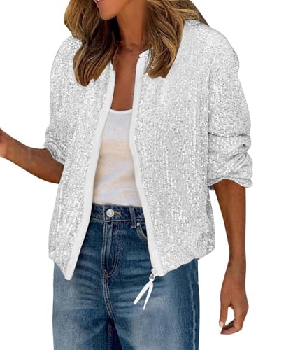 shownicer Jacke Damen Pailletten Reißverschluss Langarm Jacken Frühling Herbst Jacke Outwear mit Taschen Casual Bomberjacke Übergangsjacke A Weiß M von shownicer