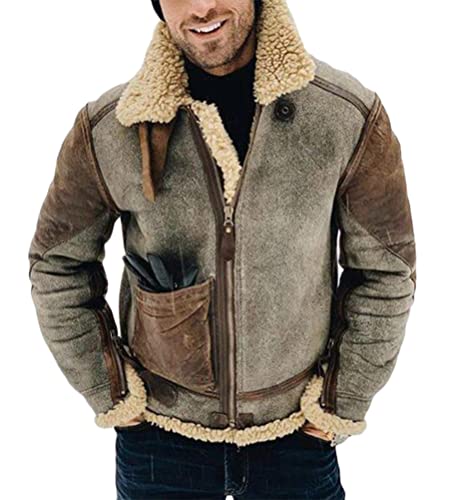 shownicer Jacke Herren Teddy-Fleece Gefüttert Kunstleder Übergangsjacke mit Reißverschluss Blouson Windbreaker Bomberjacke Fliegerjacke Bikerjacke Kaffee L von shownicer