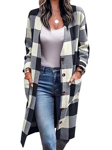 shownicer Jacke Kariert Damen Lang Übergangsjacke Casual Langarm Open Front Lange Dünne Cardigan mit Knöpfen und Taschen Herbst Winter A Schwarz XXL von shownicer