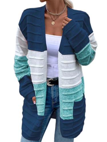 shownicer Jacke Kariert Damen Lang Übergangsjacke Casual Langarm Open Front Lange Dünne Cardigan mit Knöpfen und Taschen Herbst Winter B Blau XL von shownicer