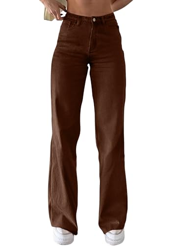 shownicer Jeans Damen Casual High Waist Baggy Jeanshosen Weites Bein Stretch Straight Hose Einfarbig Damenjeans A Braun 3XL von shownicer