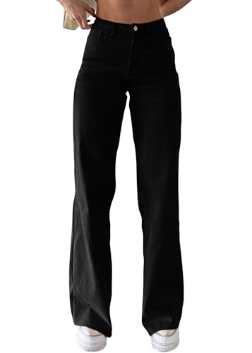shownicer Jeans Damen Casual High Waist Baggy Jeanshosen Weites Bein Stretch Straight Hose Einfarbig Damenjeans A Schwarz M von shownicer