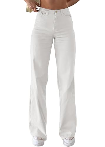 shownicer Jeans Damen Casual High Waist Baggy Jeanshosen Weites Bein Stretch Straight Hose Einfarbig Damenjeans A Weiß S von shownicer