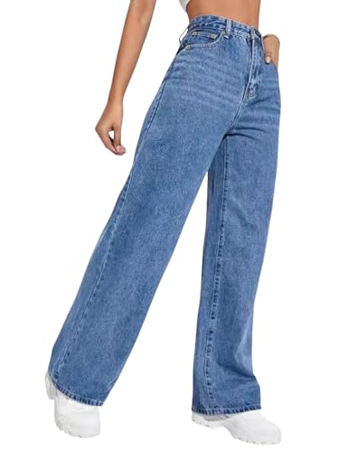 shownicer Jeans Damen High Waist Jeanshose Loose Fit Weites Bein Straight Leg Damenjeans A Dunkelblau S von shownicer