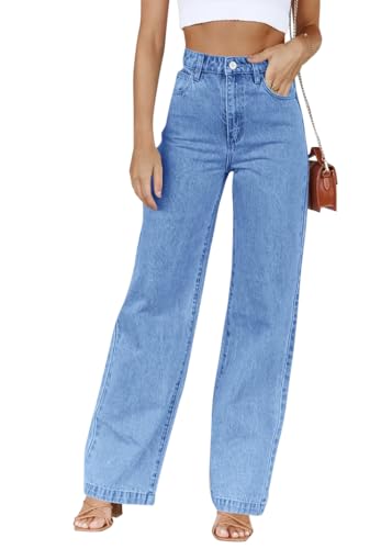 shownicer Jeans Damen High Waist Jeanshose Weites Bein Stretch Baggy Straight Leg Casual Damenjeans mit Taschen A Blau M von shownicer