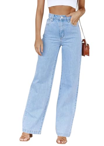 shownicer Jeans Damen High Waist Jeanshose Weites Bein Stretch Baggy Straight Leg Casual Damenjeans mit Taschen A Hellblau M von shownicer