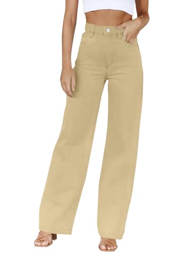 shownicer Jeans Damen High Waist Jeanshose Weites Bein Stretch Baggy Straight Leg Casual Damenjeans mit Taschen A Khaki XL von shownicer