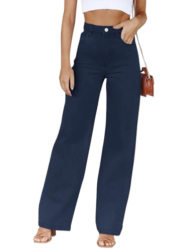 shownicer Jeans Damen High Waist Jeanshose Weites Bein Stretch Baggy Straight Leg Casual Damenjeans mit Taschen A Marine M von shownicer