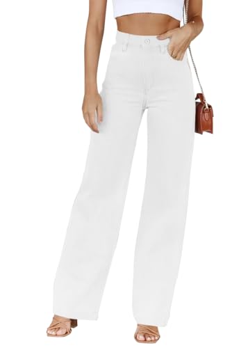 shownicer Jeans Damen High Waist Jeanshose Weites Bein Stretch Baggy Straight Leg Casual Damenjeans mit Taschen A Weiß L von shownicer