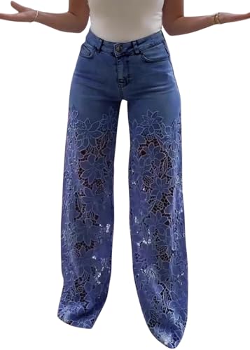 shownicer Jeans Damen High Waist Jeanshose Weites Bein Stretch Baggy Straight Leg Damenjeans mit Spitze und Blumenmuster A Blau S von shownicer