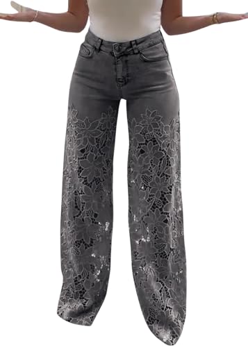 shownicer Jeans Damen High Waist Jeanshose Weites Bein Stretch Baggy Straight Leg Damenjeans mit Spitze und Blumenmuster A Grau S von shownicer