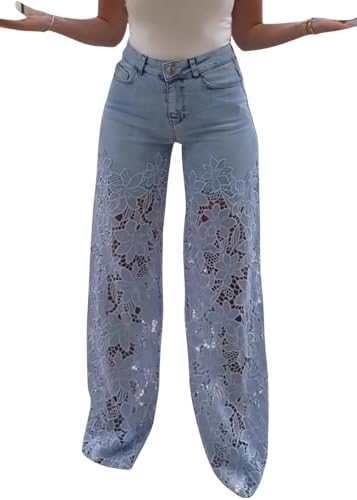 shownicer Jeans Damen High Waist Jeanshose Weites Bein Stretch Baggy Straight Leg Damenjeans mit Spitze und Blumenmuster A Hellblau XXL von shownicer