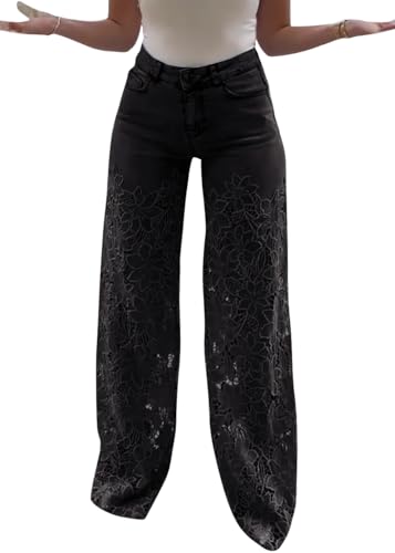 shownicer Jeans Damen High Waist Jeanshose Weites Bein Stretch Baggy Straight Leg Damenjeans mit Spitze und Blumenmuster A Schwarz 3XL von shownicer