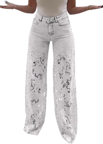 shownicer Jeans Damen High Waist Jeanshose Weites Bein Stretch Baggy Straight Leg Damenjeans mit Spitze und Blumenmuster A Weiß XL von shownicer