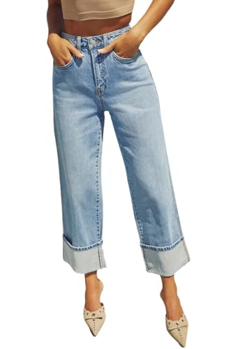 shownicer Jeans Damen Weites Bein Baggy Jeans High Waist Jeanshosen Wide Leg Jeans Stretch Straight Jeans Hosen Casual Lose Damenhose Freizeithose Weite Denim Pants A Hellblau M von shownicer