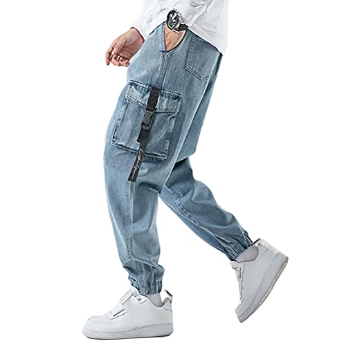 shownicer Jeans Herren Cargohose Denim Hosen Arbeit Kampf Techwear Hose Hip Hop Mehrere Taschen Tapered Hosen Schnalle Riemen Jogginghose Sweatpants A Blau L von shownicer