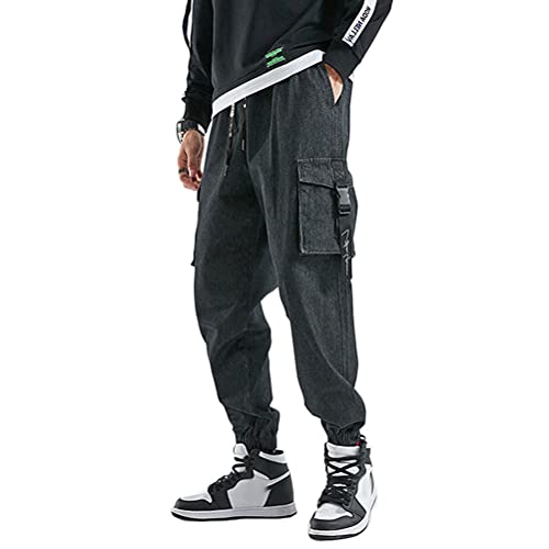 shownicer Jeans Herren Cargohose Denim Hosen Arbeit Kampf Techwear Hose Hip Hop Mehrere Taschen Tapered Hosen Schnalle Riemen Jogginghose Sweatpants A Schwarz L von shownicer