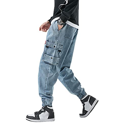 shownicer Jeans Herren Cargohose Denim Hosen Arbeit Kampf Techwear Hose Hip Hop Mehrere Taschen Tapered Hosen Schnalle Riemen Jogginghose Sweatpants B Blau XS von shownicer