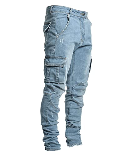 shownicer Jeans Herren Slim Fit Jeanshose Stretch Denim Jeans Hose Männer Jeanshose Destroyed Hosen Tapered Fit Cargohose Herren Cargo Hose Regular Fit Jeans A Blau 3XL von shownicer