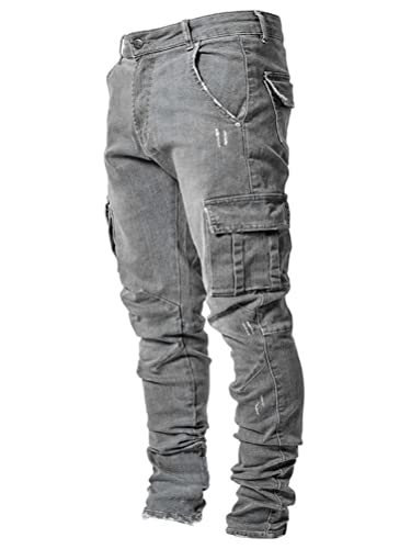 shownicer Jeans Herren Slim Fit Jeanshose Stretch Denim Jeans Hose Männer Jeanshose Destroyed Hosen Tapered Fit Cargohose Herren Cargo Hose Regular Fit Jeans A Grau L von shownicer