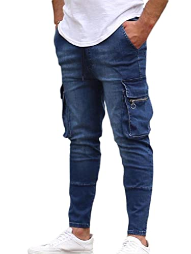 shownicer Jeans Herren Slim Fit Jeanshose Stretch Denim Jeans Hose Männer Jeanshose Destroyed Hosen Tapered Fit Cargohose Herren Cargo Hose Regular Fit Jeans B Blau L von shownicer