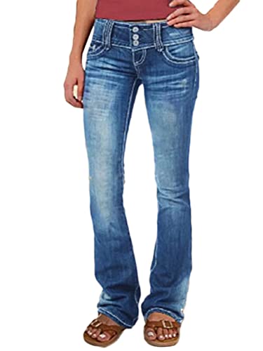 shownicer Jeanshose Damen Elegant Slim Fit Stretch Schlaghose Casual Low Waist Jeans Retro Klassischer Stil Distressed Ripped Denim Pants Flared Hose A Dunkelblau L von shownicer