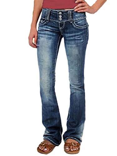 shownicer Jeanshose Damen Elegant Slim Fit Stretch Schlaghose Casual Low Waist Jeans Retro Klassischer Stil Distressed Ripped Denim Pants Flared Hose A Marine M von shownicer