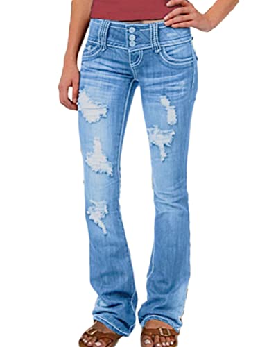 shownicer Jeanshose Damen Elegant Slim Fit Stretch Schlaghose Casual Low Waist Jeans Retro Klassischer Stil Distressed Ripped Denim Pants Flared Hose B Hellblau S von shownicer