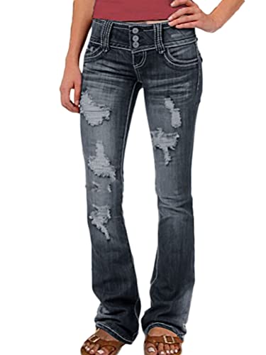 shownicer Jeanshose Damen Elegant Slim Fit Stretch Schlaghose Casual Low Waist Jeans Retro Klassischer Stil Distressed Ripped Denim Pants Flared Hose B Schwarz L von shownicer