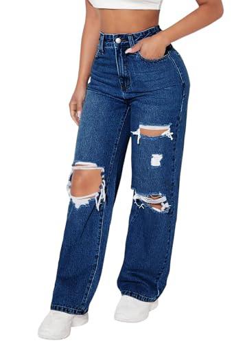 shownicer Jeanshose Damen High Waist Baggy Jeans Stretch Zerrissen Destroyed Damenjeans Denim Gerade Hose B Dunkelblau XXL von shownicer