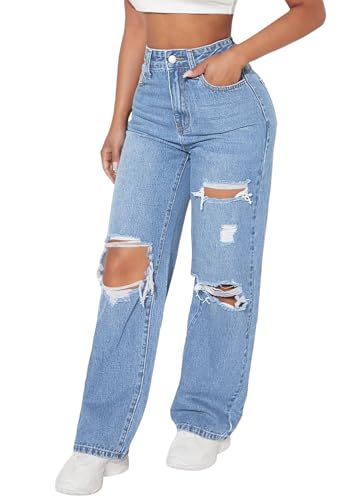 shownicer Jeanshose Damen High Waist Baggy Jeans Stretch Zerrissen Destroyed Damenjeans Denim Gerade Hose B Hellblau XXL von shownicer