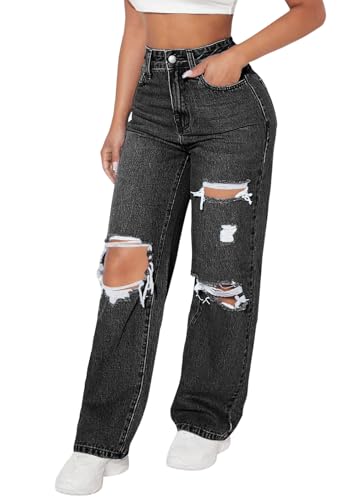 shownicer Jeanshose Damen High Waist Baggy Jeans Stretch Zerrissen Destroyed Damenjeans Denim Gerade Hose B Schwarzgrau M von shownicer